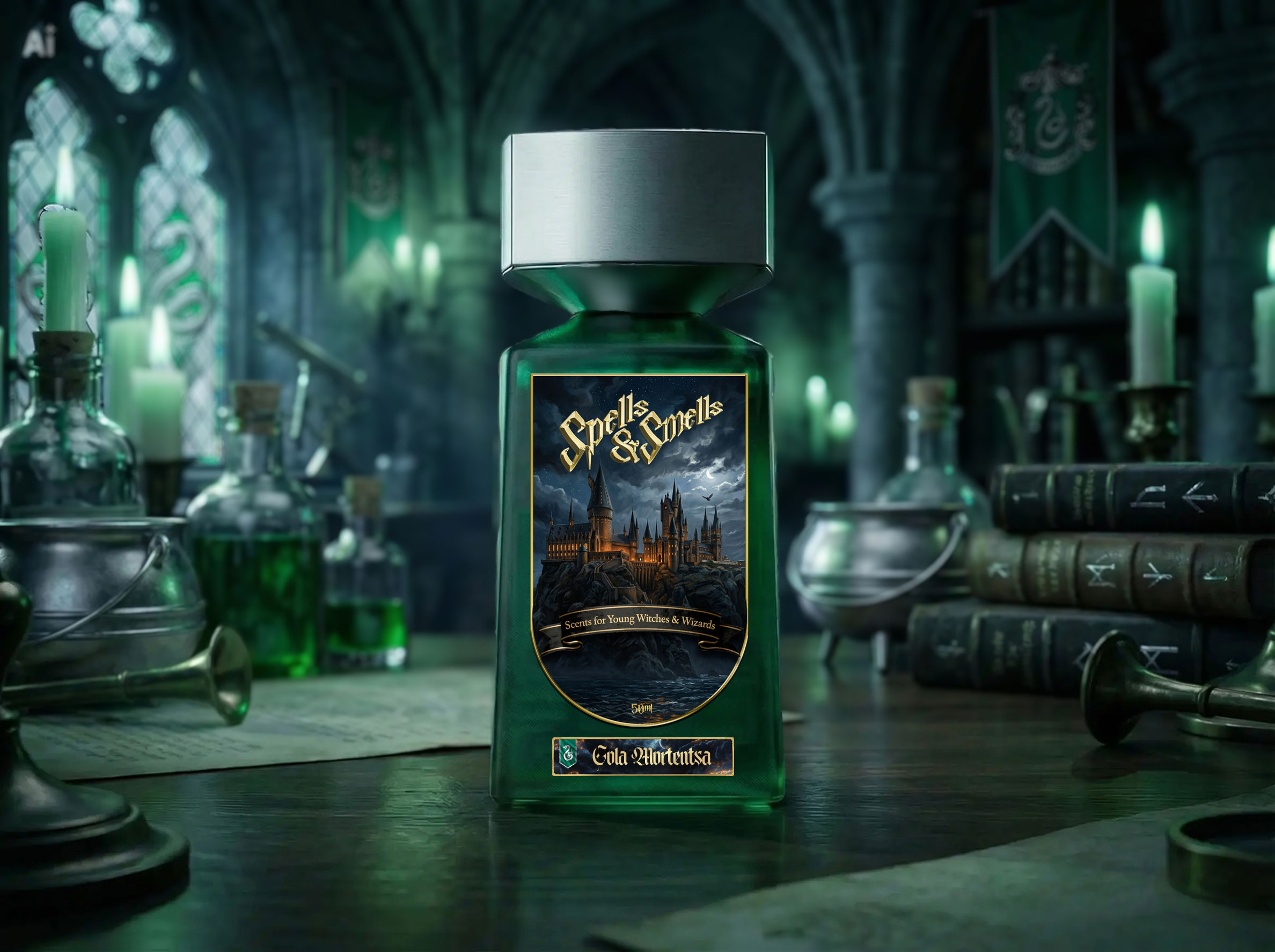 Green Cola Mortentsa fragrance bottle in an emerald apothecary