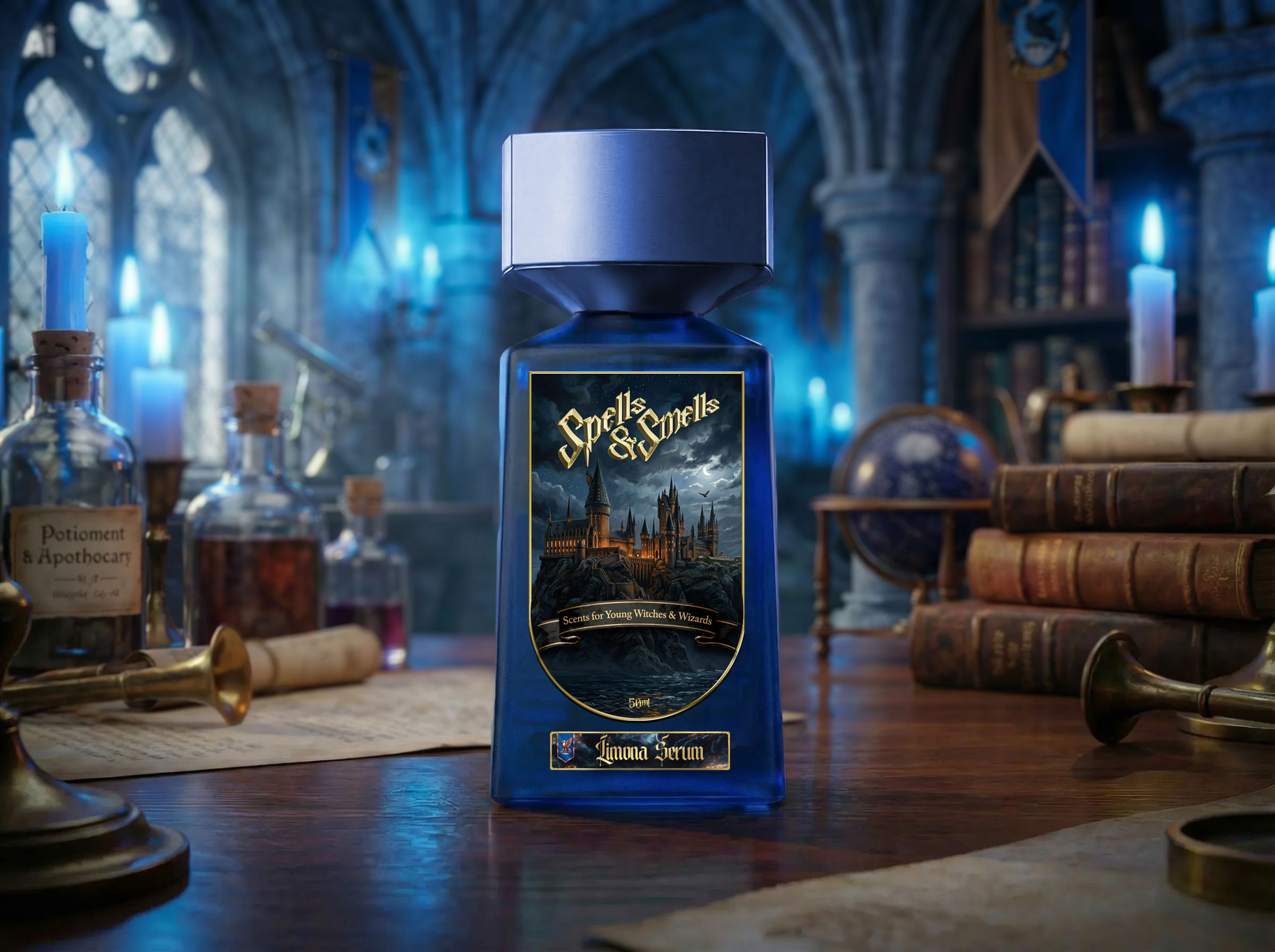 Blue Limona Serum fragrance bottle in a moonlit apothecary